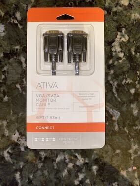 New Ativa VGA/SVGA Monitor Cable 6 Feet Black